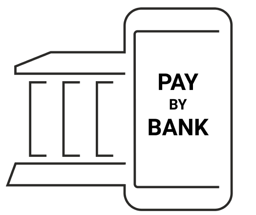 line art outside view of a bank side-by-side with a cellphone which is displaying the words Pay by Bank